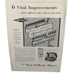 Vintage 1930 Gillette Shave 6 Vital Improvements Ad Advertisement